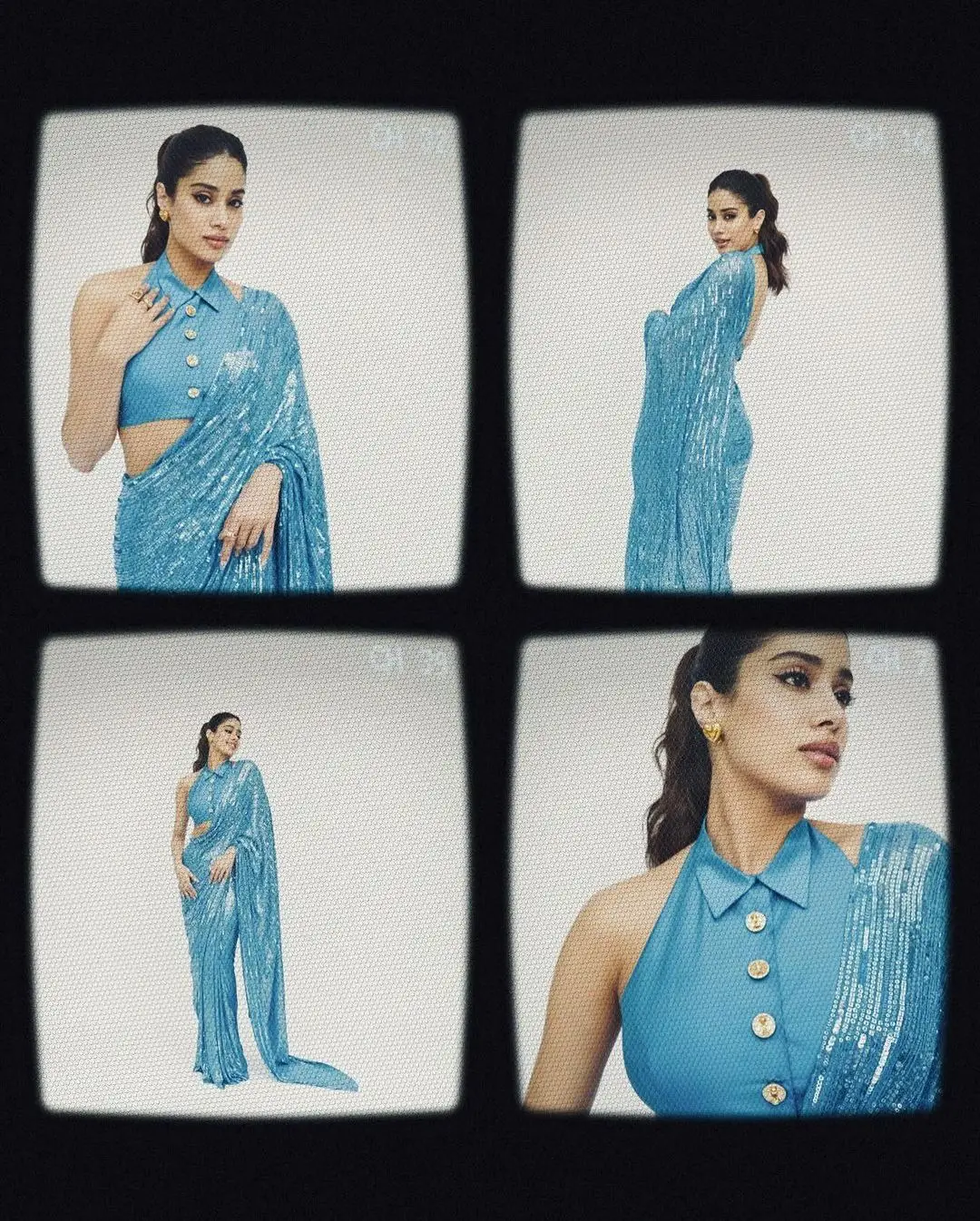 JANHVI KAPOOR PHOTOSHOOT IN BLUE SAREE SLEEVELESS BLOUSE 3